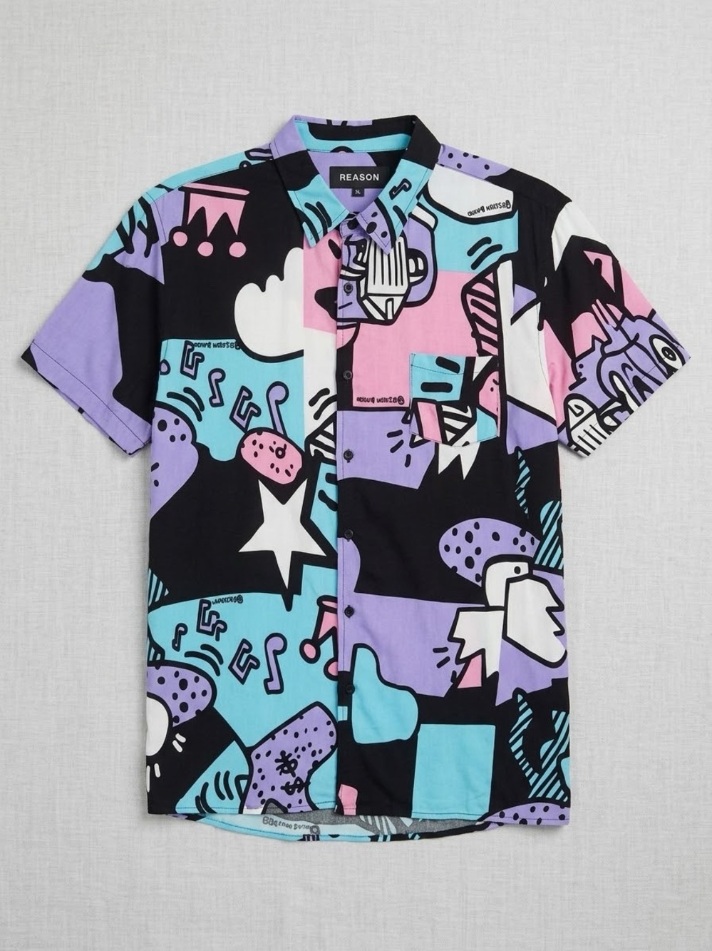 Reason Clothing Men's XL Doodle Print Short Sleeve Button Down